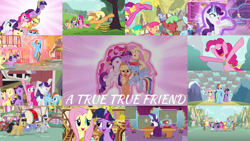 Size: 1974x1111 | Tagged: safe, edit, edited screencap, editor:quoterific, screencap, alula, applejack, berry punch, berryshine, blue buck, cherry berry, cherry cola, cherry fizzy, cinnamon swirl, daisy, deep blue, diamond mint, flower wishes, fluttershy, green jewel, lemon hearts, linky, lucky clover, mochaccino, orange blossom, pinkie pie, pluto, ponet, prim posy, rainbow dash, rare find, rarity, shoeshine, spike, tropical spring, twilight sparkle, welly, dragon, earth pony, pegasus, pony, unicorn, g4, magical mystery cure, season 3, a true true friend, applejack's hat, bass drum, big crown thingy, bipedal, carousel boutique, cowboy hat, element of generosity, element of honesty, element of kindness, element of laughter, element of loyalty, element of magic, eyes closed, female, fluttershy's cottage, glowing horn, hat, horn, jewelry, magic, magic aura, male, mane seven, mane six, nose in the air, open mouth, pinkamena diane pie, regalia, singing, swapped cutie marks, unicorn twilight