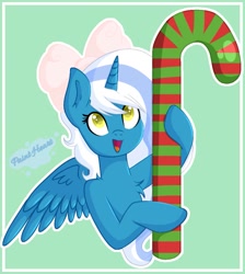 Size: 869x970 | Tagged: safe, artist:paint-heart86, oc, oc:fleurbelle, alicorn, pony, alicorn oc, bow, candy, candy cane, chest fluff, female, food, green background, hair bow, holding, horn, mare, simple background, wings, yellow eyes