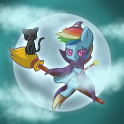 Size: 650x650 | Tagged: safe, rainbow dash, cat, g4, broom, cape, clothes, eyes open, hat, moon, solo, staff, witch, witch hat