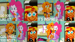 Size: 2000x1125 | Tagged: safe, edit, edited screencap, editor:quoterific, screencap, pinkie pie, sunset shimmer, human, eqg summertime shorts, equestria girls, g4, the art of friendship, duo, duo female, eyes closed, female, hug, one eye closed, open mouth, pointing, teeth