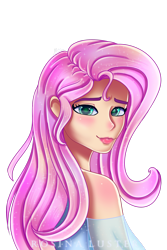 Size: 1920x2880 | Tagged: safe, artist:opal_radiance, fluttershy, human, g4, bare shoulders, bedroom eyes, blushing, clothes, cute, dress, female, humanized, lipstick, looking at you, makeup, shyabetes, simple background, solo, transparent background