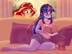 Size: 1280x966 | Tagged: safe, artist:xjenn9, sunset shimmer, twilight sparkle, equestria girls, barefoot, bedroom eyes, blushing, book, clothes, couch, couple, curtains, cushion, cute, cyrillic, denim shorts, duo, duo female, feet, female, glasses, indoors, legs, lesbian, living room, mug, multicolored hair, on couch, purple eyes, purple skin, reading, russian, shipping, shirt, shorts, sitting, smiling, sparkles, sunlight, sunsetsparkle, t-shirt, teal eyes, thighs, translated in the comments, window, yellow skin
