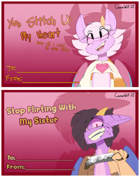 Size: 2450x3100 | Tagged: safe, artist:conmanwolf, oc, oc only, oc:scraps, oc:stitches, draconequus, high res, knife, valentine's day card