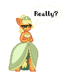 Size: 240x240 | Tagged: safe, artist:zeka10000, applejack, earth pony, anthro, g4, alternate hairstyle, applejack also dresses in style, clothes, crossover, disney, dress, female, jewelry, pixel art, princess applejack, princess tiana, requested art, simple background, solo, text, the princess and the frog, tiana, tiara, transparent background