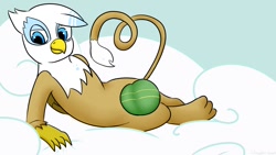 Size: 1280x720 | Tagged: safe, artist:wingston, oc, oc only, oc:chrono the griffon, griffon, censored, cloud, commission, digital art, looking at you, lying down, male, not gilda, sky, solo, tail, wings