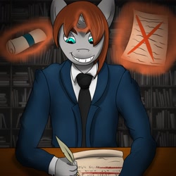 Size: 1280x1280 | Tagged: safe, artist:wingston, oc, oc only, unicorn, anthro, book, clothes, creepy, creepy smile, digital art, glowing horn, grin, horn, library, lidded eyes, magic, male, necktie, quill, smiling, solo, suit, writing