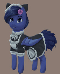 Size: 1280x1580 | Tagged: safe, artist:monx94, oc, oc only, oc:freudensonne, bat pony, pony, bat pony oc, bat wings, blue eyes, blushing, clothes, cute, fangs, flower, flower in hair, full body, looking at you, maid, maid headdress, solo, wings