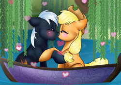 Size: 2150x1512 | Tagged: safe, artist:ali-selle, applejack, oc, oc:dragon, earth pony, pony, g4, blushing, boat, canon x oc, dragojack, female, hearts and hooves day, kissing, male, shipping, straight, water