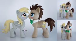 Size: 2000x1079 | Tagged: safe, artist:meplushyou, derpy hooves, doctor whooves, time turner, earth pony, pegasus, pony, g4, blushing, bowtie, female, heart eyes, irl, male, mare, photo, plushie, ship:doctorderpy, shipping, stallion, straight, wingding eyes