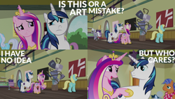 Size: 1986x1117 | Tagged: safe, edit, edited screencap, editor:quoterific, screencap, linky, princess cadance, royal riff, sassaflash, shining armor, shoeshine, spearhead, alicorn, earth pony, pegasus, pony, unicorn, a flurry of emotions, g4, a thousand nights in a hallway, art or a mistake, background pony, butt, crown, duo, female, i have no idea, jewelry, male, mare, meme, open mouth, plot, regalia, shield, stallion