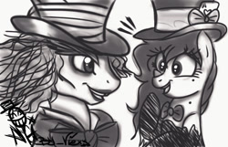 Size: 1164x750 | Tagged: safe, artist:amgiwolf, oc, oc:amgi, earth pony, pony, alice in wonderland, bowtie, bust, duo, earth pony oc, eyelashes, female, grayscale, hat, mad hatter, male, mare, monochrome, ponified, signature, simple background, smiling, stallion, top hat, white background