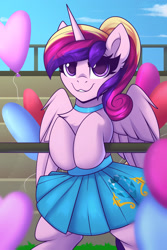 Size: 1800x2700 | Tagged: safe, artist:shadowreindeer, princess cadance, alicorn, pony, g4, balloon, chest fluff, clothes, cute, cutedance, eye clipping through hair, female, heart, heart balloon, high res, holiday, looking at you, mare, skirt, smiling, smiling at you, solo, valentine's day