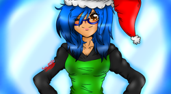 Size: 1080x594 | Tagged: safe, artist:juliet-gwolf18, oc, oc only, oc:sketchy, human, blushing, bust, christmas, clothes, female, hat, holiday, humanized, one eye closed, santa hat, signature, smiling, solo, wink