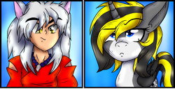 Size: 1080x553 | Tagged: safe, artist:juliet-gwolf18, oc, oc:juliet, alicorn, human, alicorn oc, bust, clothes, crossover, eyebrows, eyebrows visible through hair, female, horn, inuyasha, male, mare, smiling, suspicious, wings