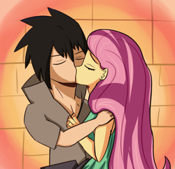 Size: 2080x2017 | Tagged: safe, artist:artiks, fluttershy, human, equestria girls, g4, crack shipping, crossover, crossover shipping, eyes closed, female, high res, holiday, kissing, male, shipping, straight, uchiha sasuke, valentine's day