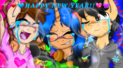 Size: 1800x1000 | Tagged: safe, artist:juliet-gwolf18, oc, oc only, oc:sketchy, alicorn, earth pony, pony, unicorn, abstract background, alicorn oc, blushing, bust, clothes, crying, earth pony oc, eyes closed, female, glasses, happy new year 2017, heart, hoodie, horn, male, mare, side hug, solo, stallion, tattoo, tears of pleasure, unicorn oc, wings