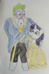 Size: 726x1100 | Tagged: safe, artist:stackercoat, rarity, spike, g4, beauty and the beast, belle, female, male, ship:sparity, shipping, straight, traditional art