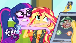 Size: 1280x720 | Tagged: safe, screencap, sci-twi, sunset shimmer, timber spruce, twilight sparkle, equestria girls, g4, my little pony equestria girls: better together, text support, text support: sunset shimmer, blushing, cellphone, faic, geode of empathy, geode of telekinesis, glasses, hand on face, magical geodes, phone, ponytail, smiling, youtube thumbnail