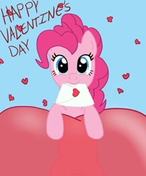 Size: 816x979 | Tagged: safe, pinkie pie, earth pony, pony, g4, cute, cutie pie, diapinkes, envelope, female, happy, happy valentine's day, heart, holiday, looking at you, mare, mouth hold, simple background, smiling, smiling at you, source in the description, valentine, valentine's day