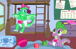 Size: 3000x1929 | Tagged: safe, artist:sweetielover, spike, oc, oc:goldigony, dragon, g4, ball, bed, bedroom, blocks, bulletin board, bunk bed, diaper, diaper fetish, diaper package, fetish, non-baby in diaper, notebook, pencil, schedule