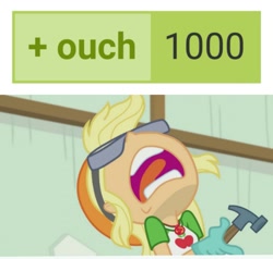 Size: 1143x1088 | Tagged: safe, edit, screencap, applejack, human, derpibooru, constructive criticism, equestria girls, g4, my little pony equestria girls: better together, aaugh!, female, hammer, meta, milestone, nose in the air, open mouth, ouch, pain, safety goggles, screaming, solo, tags