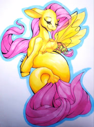 Size: 2103x2851 | Tagged: safe, artist:vertayara, fluttershy, pegasus, pony, seapony (g4), g4, cute, eyes closed, female, fin wings, fish tail, flowing mane, flowing tail, high res, pink mane, seaponified, seapony fluttershy, shyabetes, signature, simple background, smiling, solo, species swap, tail, white background, wings