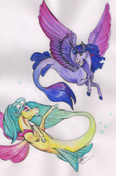 Size: 1988x3015 | Tagged: safe, artist:sagastuff94, princess skystar, twilight sparkle, alicorn, pony, seapony (g4), g4, my little pony: the movie, bubble, curly hair, dorsal fin, female, fin wings, fins, fish tail, flower, flower in hair, flowing mane, flowing tail, freckles, horn, jewelry, looking at each other, necklace, open mouth, pearl necklace, seaponified, seapony twilight, signature, simple background, smiling, species swap, spread wings, swimming, tail, traditional art, twilight sparkle (alicorn), watercolor painting, wings