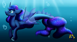 Size: 3285x1825 | Tagged: safe, artist:calamity-studios, princess luna, alicorn, merpony, pony, g4, blue eyes, bubble, colored pupils, crepuscular rays, dorsal fin, ethereal mane, female, fin wings, fins, fish tail, flowing mane, flowing tail, horn, lidded eyes, logo, ocean, seaponified, seapony luna, smiling, solo, species swap, starry mane, starry tail, sunlight, swimming, tail, underwater, water, wings
