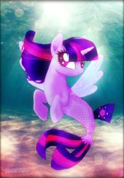 Size: 1386x1976 | Tagged: safe, artist:snufi1000, twilight sparkle, alicorn, pony, seapony (g4), g4, bubble, crepuscular rays, deviantart watermark, dorsal fin, female, fin wings, fish tail, flowing mane, flowing tail, horn, obtrusive watermark, ocean, purple eyes, seaponified, seapony twilight, solo, species swap, sunlight, tail, twilight sparkle (alicorn), underwater, water, watermark, wings