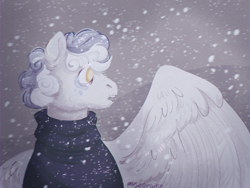 Size: 1024x768 | Tagged: safe, artist:pigeorgien, oc, oc only, oc:snowdrift(pigeorgien), pegasus, pony, blind, blind eye, blizzard, booger, clothes, curly mane, female, large wings, mare, open mouth, snow, snowfall, solo, sweater, wings