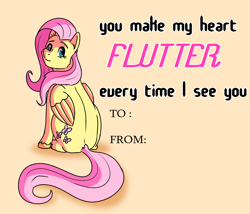Size: 3500x3000 | Tagged: safe, artist:applejackofalltrades, fluttershy, pegasus, pony, g4, hearts and hooves day, high res, holiday, sitting, smiling, solo, text, valentine's day, valentine's day card