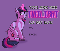 Size: 3500x3000 | Tagged: safe, artist:applejackofalltrades, twilight sparkle, alicorn, pony, g4, glowing horn, hearts and hooves day, high res, holiday, horn, magic, magic aura, smiling, solo, text, twilight sparkle (alicorn), valentine's day, valentine's day card