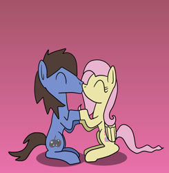 Size: 1280x1304 | Tagged: safe, artist:platinumdrop, fluttershy, oc, g4, canon x oc, female, gradient background, kissing, male, request, shipping, simple background, straight