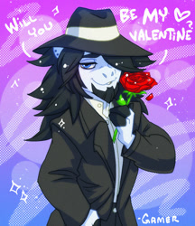 Size: 772x894 | Tagged: safe, artist:thegamercolt, oc, oc only, oc:thegamercolt, earth pony, anthro, clothes, flower, hat, long mane, rose, solo, three fingers