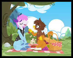 Size: 1500x1179 | Tagged: safe, artist:sherathoz, oc, oc only, dragon, griffon, rabbit, animal, basket, cloud, food, grapes, picnic, picnic basket, picnic blanket, show accurate, strawberry, tree