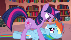 Size: 1920x1080 | Tagged: safe, rainbow dash, twilight sparkle, pegasus, pony, unicorn, double rainboom, g4, angry, duo, female, golden oaks library, grin, library, looking at each other, looking at someone, mare, nervous, nervous smile, smiling, twilight sparkle is not amused, unamused, unicorn twilight