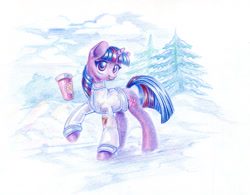 Size: 1155x900 | Tagged: safe, artist:maytee, twilight sparkle, pony, unicorn, g4, clothes, coffee cup, colored pencil drawing, cup, jacket, solo, traditional art, unicorn twilight, winter