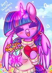 Size: 2480x3508 | Tagged: safe, artist:wavecipher, twilight sparkle, alicorn, semi-anthro, g4, arm hooves, blushing, bouquet, clothes, eyes closed, flower, glowing horn, heart, high res, holiday, horn, open mouth, smiling, solo, sweater, twilight sparkle (alicorn), valentine's day