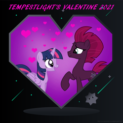 Size: 2543x2549 | Tagged: safe, artist:ejlightning007arts, fizzlepop berrytwist, tempest shadow, twilight sparkle, alicorn, pony, unicorn, g4, broken horn, cute, female, heart, high res, holiday, horn, lesbian, mare, ship:tempestlight, shipping, twilight sparkle (alicorn), valentine's day, valentine's day card