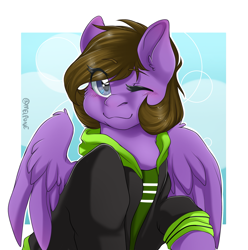 Size: 2385x2405 | Tagged: safe, artist:melpone, oc, oc only, pegasus, pony, clothes, female, high res, hoodie, mare, one eye closed, solo, wink