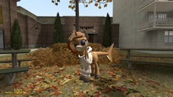 Size: 1920x1080 | Tagged: safe, oc, oc only, oc:fruity pop, original species, pony, shark, shark pony, unicorn, 3d, building, bush, clothes, fins, game, glasses, gmod, leaves, male, mask, outdoors, pac3, picnic table, solo, sweater, table, tree