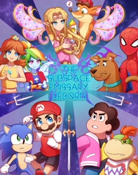 Size: 1617x2048 | Tagged: safe, artist:domestic-hedgehog, rainbow dash, bandicoot, dog, fairy, gem (race), great dane, hedgehog, human, hybrid, hylian, koopa, equestria girls, g4, barely eqg related, bowser jr, cartoon network, clothes, cosmix, crash bandicoot, crash bandicoot (series), crossed arms, crossover, crown, ear piercing, earring, fairy wings, female, fire emblem, harp, jewelry, male, mario, mario & sonic, mario and sonic, musical instrument, nintendo, piercing, ponied up, princess daisy, princess zelda, regalia, scooby-doo!, sega, sonic the hedgehog, sonic the hedgehog (series), spider-man, spoilers for another series, sports outfit, stella (winx club), steven quartz universe, steven universe, steven universe future, super mario bros., super ponied up, super smash bros., sword, teenage mutant ninja turtles, the legend of zelda, weapon, wings, winx club