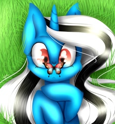 Size: 1063x1147 | Tagged: safe, artist:emalajiss36, oc, oc only, oc:miss smile, alicorn, butterfly, pony, alicorn oc, bust, eyelashes, female, grass, horn, lying down, mare, on back, outdoors, solo, wings