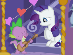 Size: 3570x2706 | Tagged: safe, artist:porygon2z, rarity, spike, dragon, pony, unicorn, g4, eyes closed, female, guitar, hearts and hooves day, high res, holiday, hooves on chest, male, musical instrument, open mouth, ship:sparity, shipping, singing, straight, valentine's day
