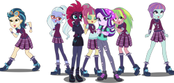 Size: 3172x1525 | Tagged: safe, artist:cybersquirrel, artist:rodan00, artist:xebck, edit, fizzlepop berrytwist, indigo zap, lemon zest, sour sweet, starlight glimmer, sugarcoat, sunny flare, tempest shadow, equestria girls, friendship games, g4, mirror magic, my little pony: the movie, spoiler:eqg specials, amputee, beanie, beanie hat, clothes, crossed arms, crystal prep academy, crystal prep academy uniform, crystal prep shadowbolts, equestria girls-ified, eye scar, female, glasses, goggles, hat, legs, looking at you, missing limb, pants, ripped pants, scar, school uniform, shadow five, shadow seven, simple background, smiling, stump, torn clothes, transparent background, vector, watch, wristwatch