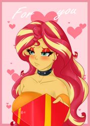 Size: 1500x2100 | Tagged: safe, artist:albertbm, sunset shimmer, equestria girls, blushing, chocolate, choker, collar, food, holiday, solo, studded choker, valentine's day