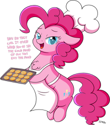 Size: 1677x1915 | Tagged: safe, artist:wownamesarehard, derpibooru exclusive, pinkie pie, earth pony, pony, g4, apron, baking sheet, baking tray, chef's hat, chest fluff, clothes, cookie, copypasta, cute, dialogue, female, food, garfield, hat, looking at you, mare, meme, simple background, solo, transparent background, wat, why do they call it oven
