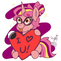 Size: 1200x1200 | Tagged: safe, artist:erynerikard, oc, oc only, oc:dawn twinkle, pony, unicorn, amputee, digital art, female, glasses, hearts and hooves day, holiday, magical lesbian spawn, mare, offspring, parent:sunset shimmer, parent:twilight sparkle, parents:sunsetsparkle, prosthetic leg, prosthetic limb, prosthetics, solo, sparkles, tongue out, valentine's day