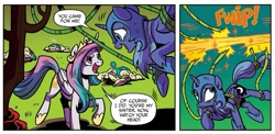 Size: 977x477 | Tagged: safe, idw, princess celestia, princess luna, alicorn, pony, g4, legends of magic #1, my little pony: legends of magic, spoiler:comic, alternate dimension, alternate universe, crying, dark forest, female, mare, nightmare moon armor, sibling love, siblings, sisterly love, sisters, tears of joy, teary eyes, tree, vine, young celestia, young luna