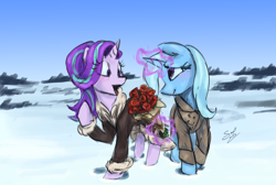 Size: 3232x2171 | Tagged: safe, artist:elisdoominika, starlight glimmer, trixie, pony, unicorn, g4, blushing, bouquet, clothes, coat, female, flower, hearts and hooves day, high res, holiday, lesbian, magic, rose, scenery, ship:startrix, shipping, sky, smiling, snow, valentine's day, winter